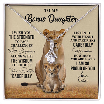 Alluring Beauty Necklace 14K White Gold Finish | 1 | Personalized To My Bonus Daughter Necklace From Stepdad Mom I Wish You The Strength Lion Stepddaughter Birthday Christmas Customized Gift Box Message Card | siriusteestore