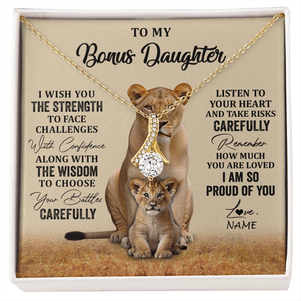 Alluring Beauty Necklace 18K Yellow Gold Finish | 1 | Personalized To My Bonus Daughter Necklace From Stepdad Mom I Wish You The Strength Lion Stepddaughter Birthday Christmas Customized Gift Box Message Card | siriusteestore