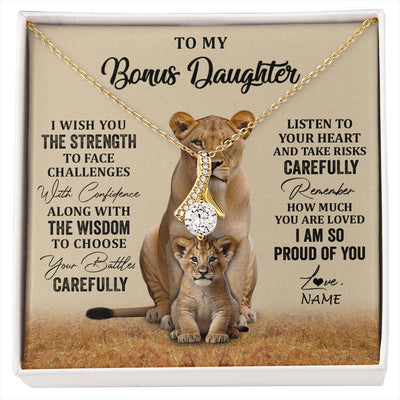 Alluring Beauty Necklace 18K Yellow Gold Finish | 1 | Personalized To My Bonus Daughter Necklace From Stepdad Mom I Wish You The Strength Lion Stepddaughter Birthday Christmas Customized Gift Box Message Card | siriusteestore