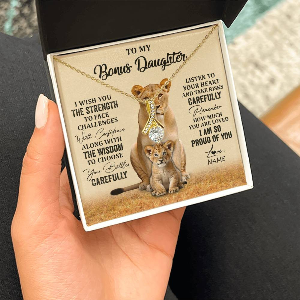 Alluring Beauty Necklace 18K Yellow Gold Finish | 2 | Personalized To My Bonus Daughter Necklace From Stepdad Mom I Wish You The Strength Lion Stepddaughter Birthday Christmas Customized Gift Box Message Card | siriusteestore