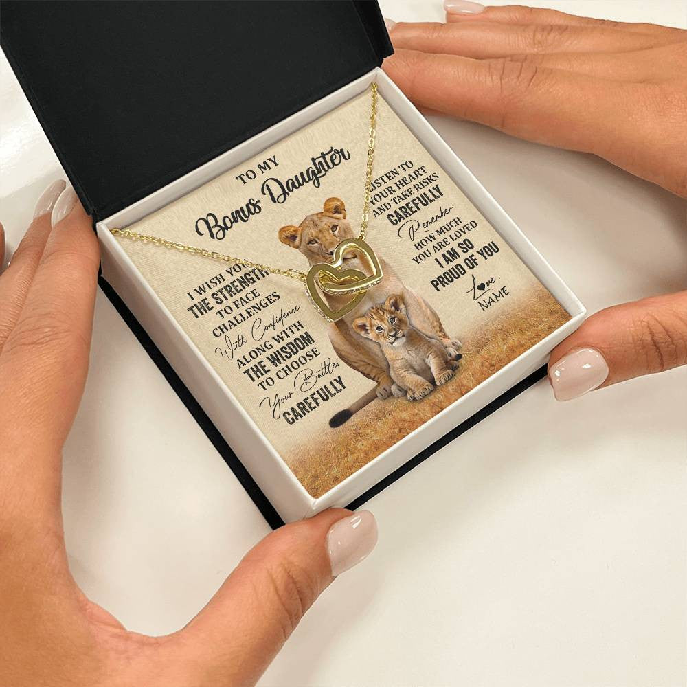 Interlocking Hearts Necklace 18K Yellow Gold Finish | 2 | Personalized To My Bonus Daughter Necklace From Stepdad Mom I Wish You The Strength Lion Stepddaughter Birthday Christmas Customized Gift Box Message Card | siriusteestore