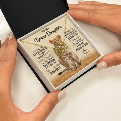 Interlocking Hearts Necklace 18K Yellow Gold Finish | 2 | Personalized To My Bonus Daughter Necklace From Stepdad Mom I Wish You The Strength Lion Stepddaughter Birthday Christmas Customized Gift Box Message Card | siriusteestore