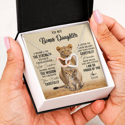 Interlocking Hearts Necklace Stainless Steel & Rose Gold Finish | 2 | Personalized To My Bonus Daughter Necklace From Stepdad Mom I Wish You The Strength Lion Stepddaughter Birthday Christmas Customized Gift Box Message Card | siriusteestore