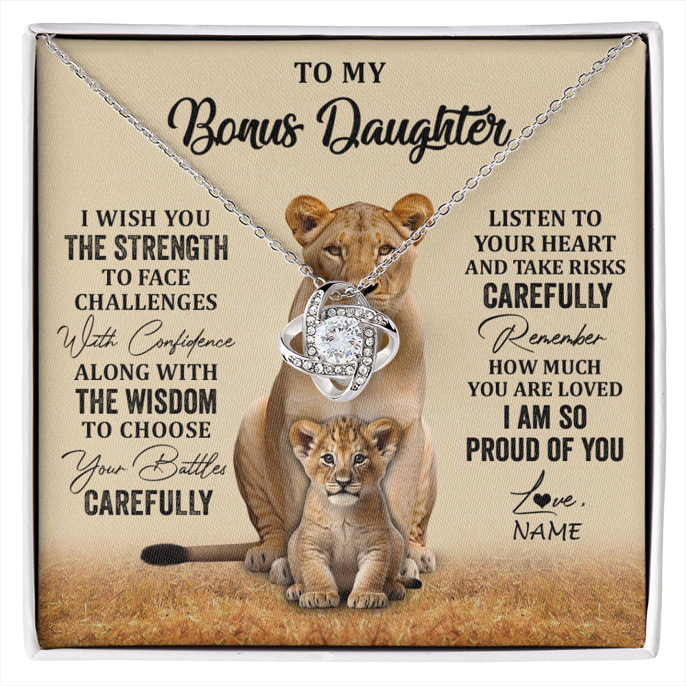 Love Knot Necklace 14K White Gold Finish | 1 | Personalized To My Bonus Daughter Necklace From Stepdad Mom I Wish You The Strength Lion Stepddaughter Birthday Christmas Customized Gift Box Message Card | siriusteestore