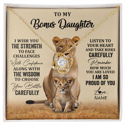 Love Knot Necklace 18K Yellow Gold Finish | 1 | Personalized To My Bonus Daughter Necklace From Stepdad Mom I Wish You The Strength Lion Stepddaughter Birthday Christmas Customized Gift Box Message Card | siriusteestore