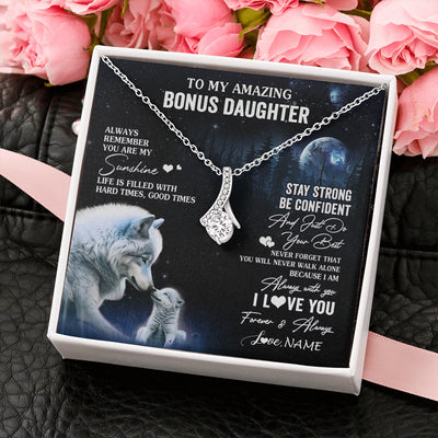 Alluring Beauty Necklace 14K White Gold Finish | 2 | Personalized To My Bonus Daughter Necklace From Stepdad Mom Moon Wolf Stepddaughter Birthday Gifts Jewelry Christmas Customized Gift Box Message Card | siriusteestore