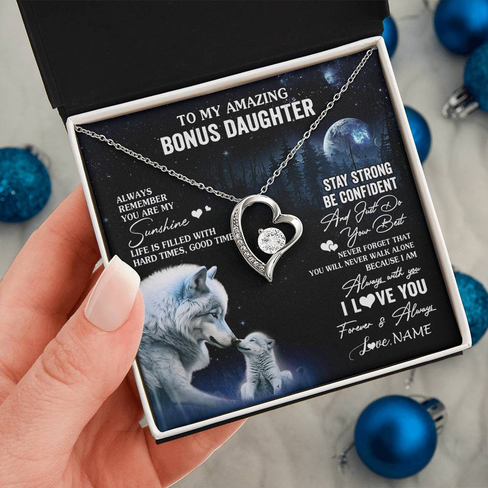 Forever Love Necklace 14K White Gold Finish | 2 | Personalized To My Bonus Daughter Necklace From Stepdad Mom Moon Wolf Stepddaughter Birthday Gifts Jewelry Christmas Customized Gift Box Message Card | siriusteestore