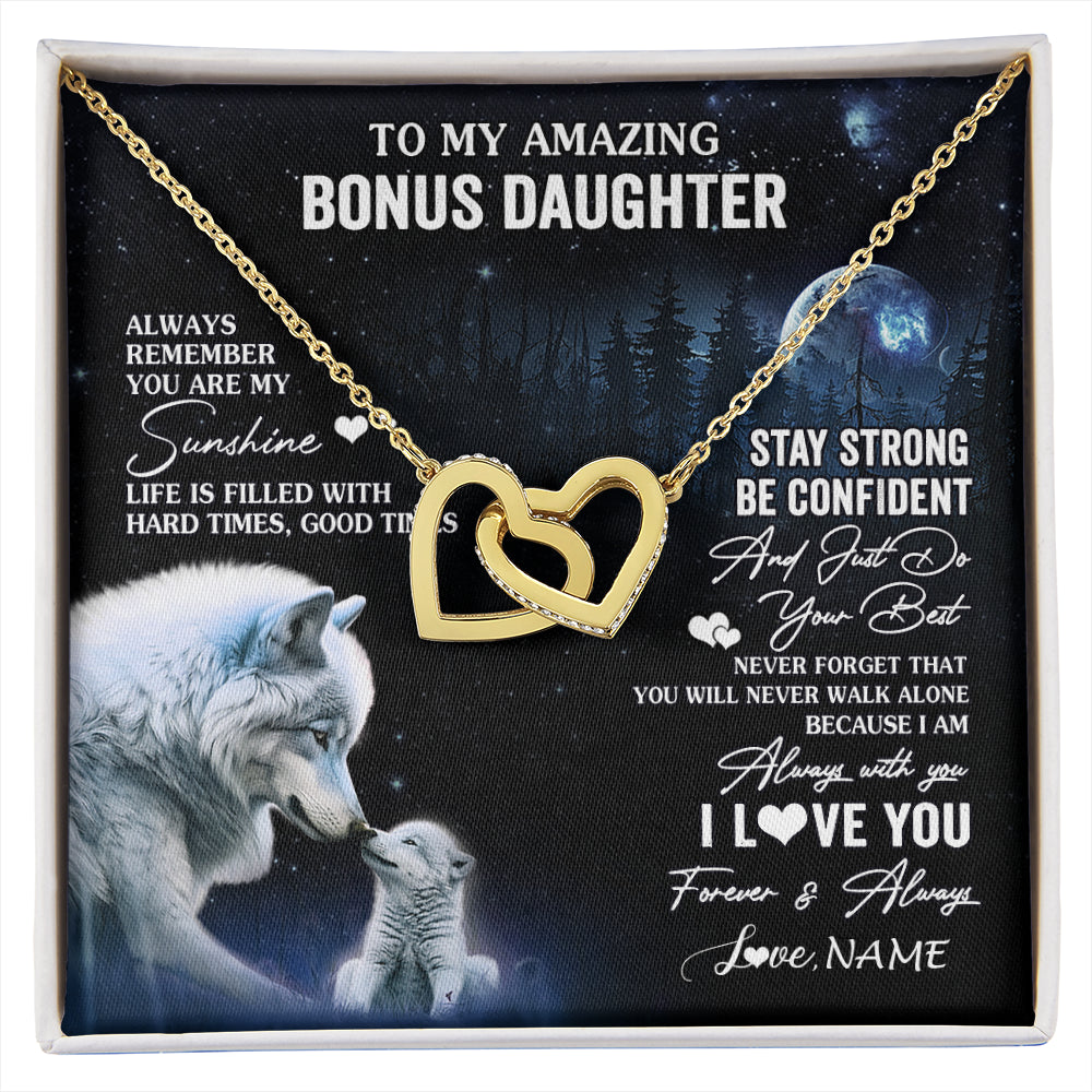 Interlocking Hearts Necklace 18K Yellow Gold Finish | 1 | Personalized To My Bonus Daughter Necklace From Stepdad Mom Moon Wolf Stepddaughter Birthday Gifts Jewelry Christmas Customized Gift Box Message Card | siriusteestore