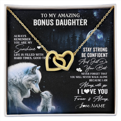 Interlocking Hearts Necklace 18K Yellow Gold Finish | 1 | Personalized To My Bonus Daughter Necklace From Stepdad Mom Moon Wolf Stepddaughter Birthday Gifts Jewelry Christmas Customized Gift Box Message Card | siriusteestore