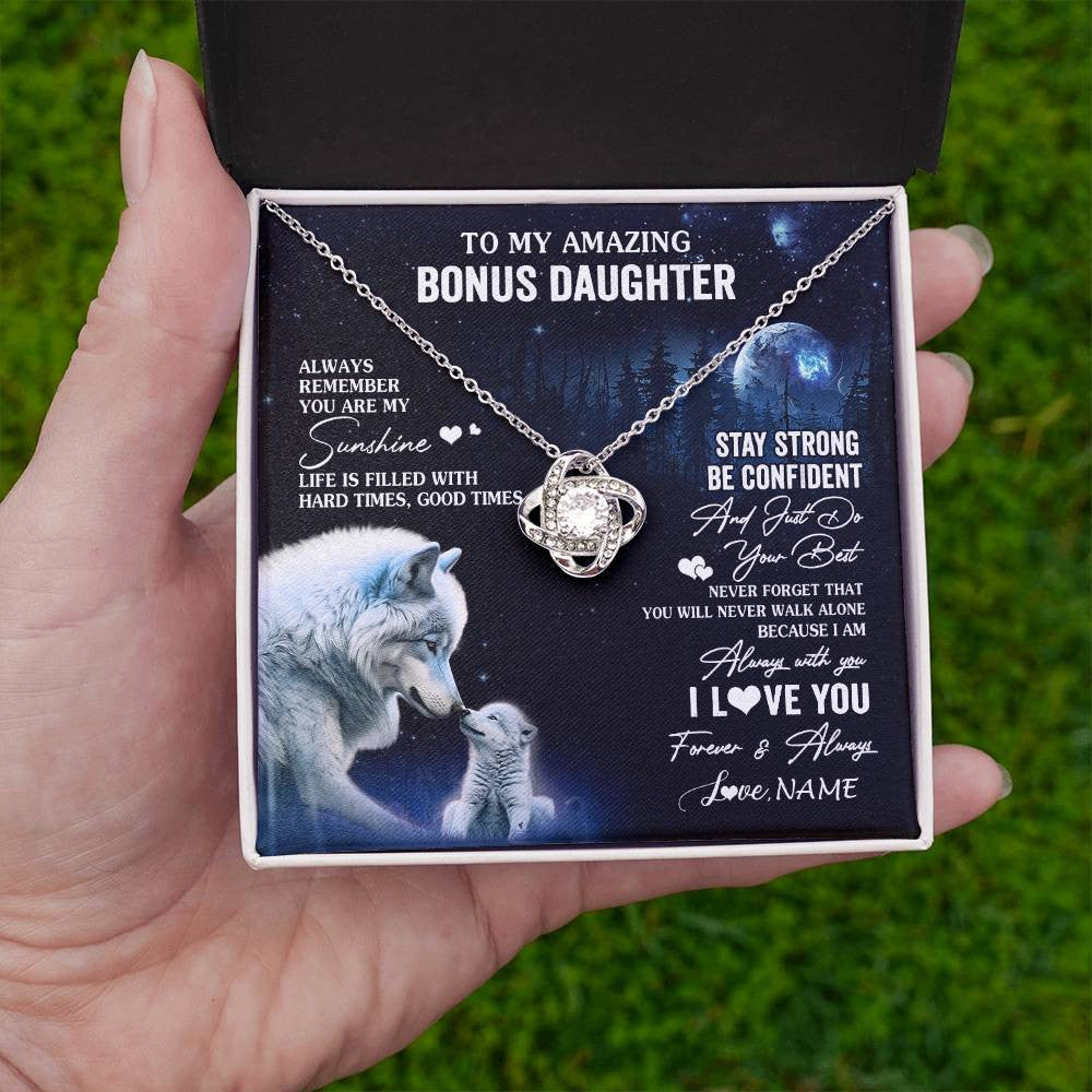 Love Knot Necklace 14K White Gold Finish | 2 | Personalized To My Bonus Daughter Necklace From Stepdad Mom Moon Wolf Stepddaughter Birthday Gifts Jewelry Christmas Customized Gift Box Message Card | siriusteestore