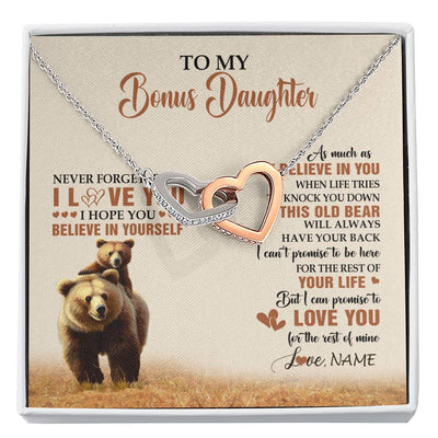 Interlocking Hearts Necklace Stainless Steel & Rose Gold Finish | 1 | Personalized To My Bonus Daughter Necklace From Stepdad Mom This Old Bear Love You Birthday Jewelry Graduation Christmas Customized Gift Box Message Card | siriusteestore