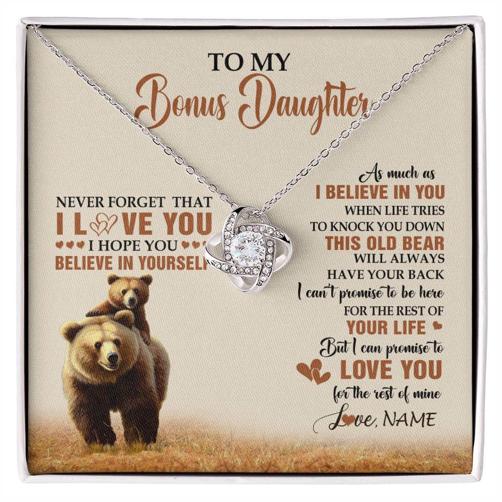 Love Knot Necklace 14K White Gold Finish | 1 | Personalized To My Bonus Daughter Necklace From Stepdad Mom This Old Bear Love You Birthday Jewelry Graduation Christmas Customized Gift Box Message Card | siriusteestore