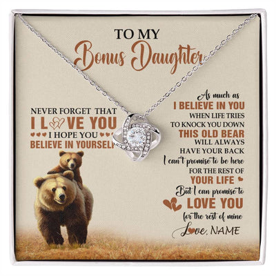 Love Knot Necklace 14K White Gold Finish | 1 | Personalized To My Bonus Daughter Necklace From Stepdad Mom This Old Bear Love You Birthday Jewelry Graduation Christmas Customized Gift Box Message Card | siriusteestore