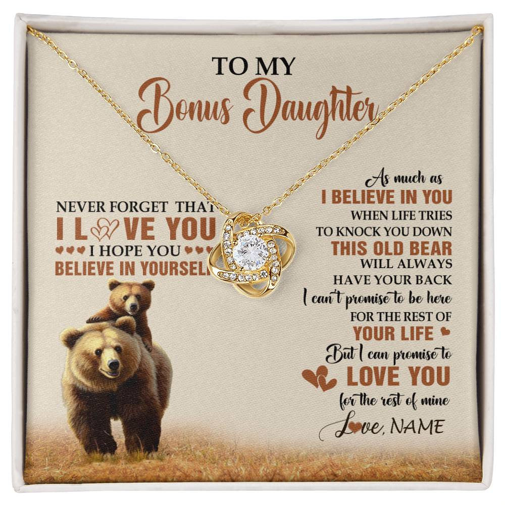 Love Knot Necklace 18K Yellow Gold Finish | 1 | Personalized To My Bonus Daughter Necklace From Stepdad Mom This Old Bear Love You Birthday Jewelry Graduation Christmas Customized Gift Box Message Card | siriusteestore