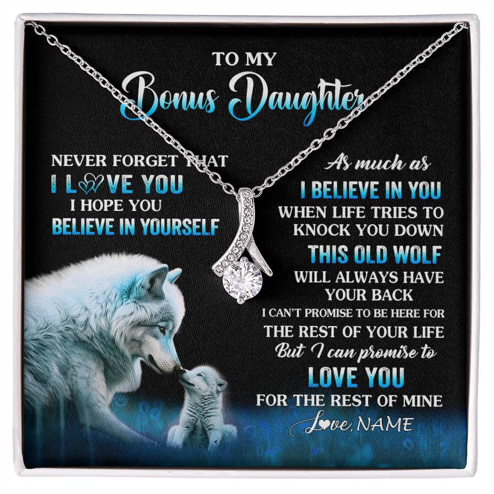 Alluring Beauty Necklace 14K White Gold Finish | 1 | Personalized To My Bonus Daughter Necklace From Stepdad Mom This Old Wolf Love Birthday Gifts Jewelry Graduation Christmas Customized Gift Box Message Card | siriusteestore