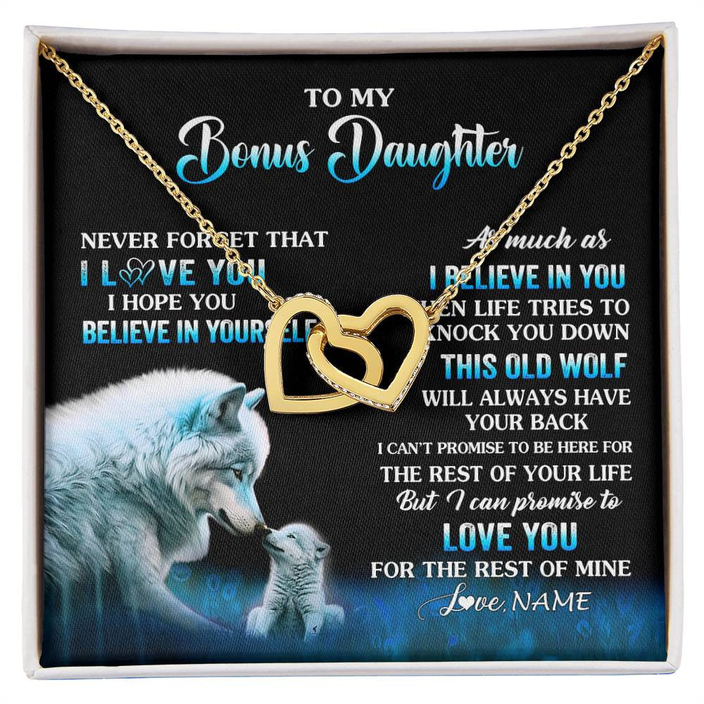 Interlocking Hearts Necklace 18K Yellow Gold Finish | 1 | Personalized To My Bonus Daughter Necklace From Stepdad Mom This Old Wolf Love Birthday Gifts Jewelry Graduation Christmas Customized Gift Box Message Card | siriusteestore