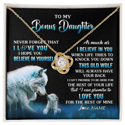 Love Knot Necklace 18K Yellow Gold Finish | 1 | Personalized To My Bonus Daughter Necklace From Stepdad Mom This Old Wolf Love Birthday Gifts Jewelry Graduation Christmas Customized Gift Box Message Card | siriusteestore