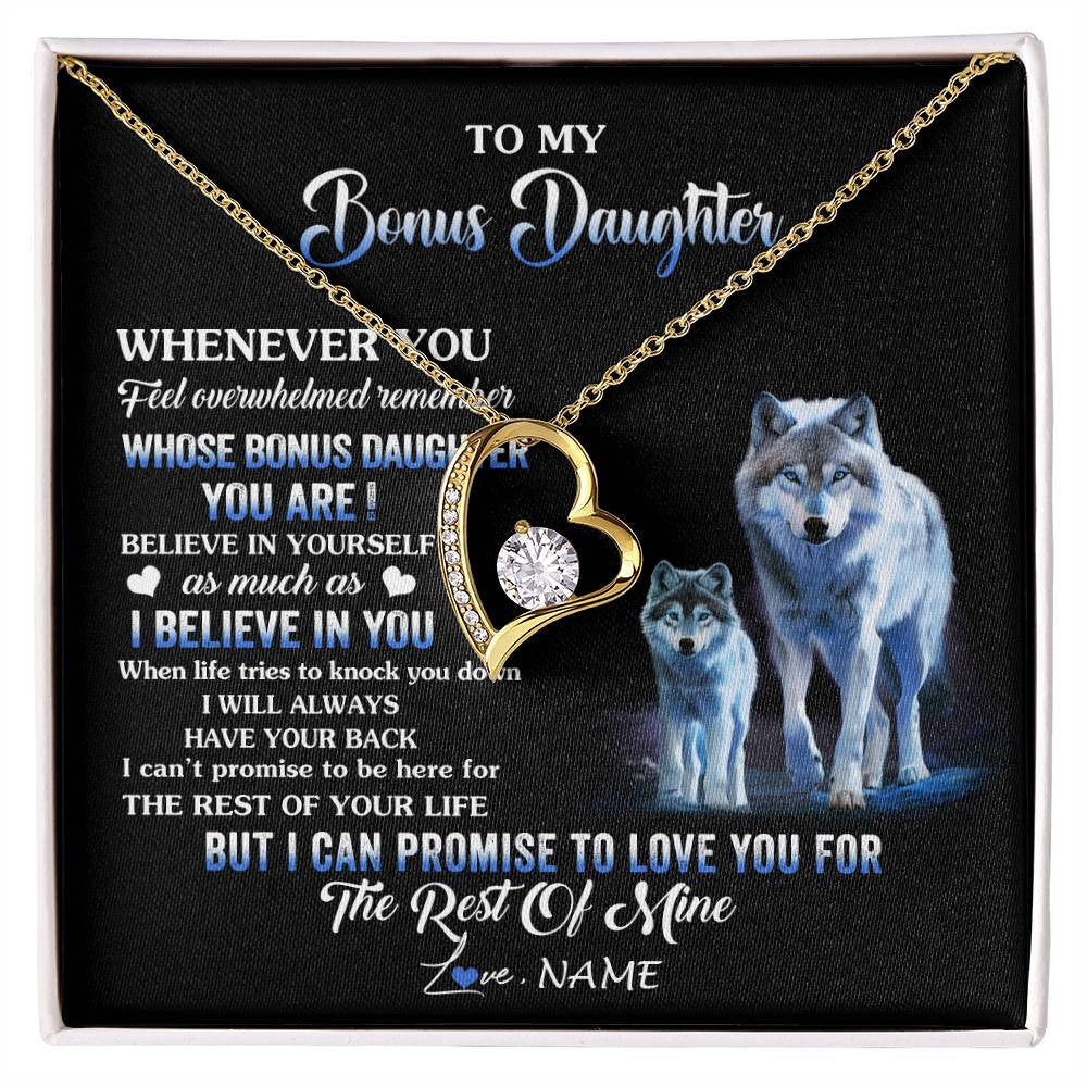 Forever Love Necklace 18K Yellow Gold Finish | 1 | Personalized To My Bonus Daughter Necklace From Stepdad Mom Whenever You Feel Wolf Birthday Gifts Jewelry Graduation Christmas Customized Gift Box Message Card | siriusteestore