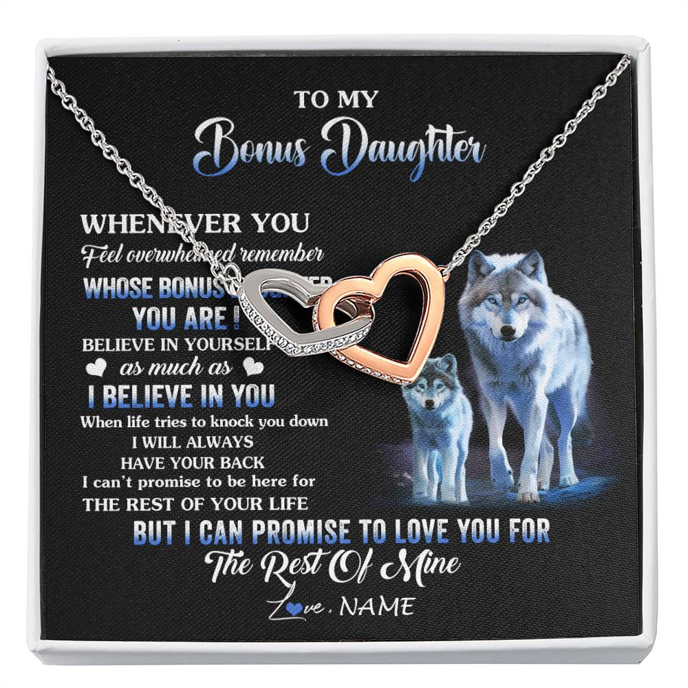 Interlocking Hearts Necklace Stainless Steel & Rose Gold Finish | 1 | Personalized To My Bonus Daughter Necklace From Stepdad Mom Whenever You Feel Wolf Birthday Gifts Jewelry Graduation Christmas Customized Gift Box Message Card | siriusteestore