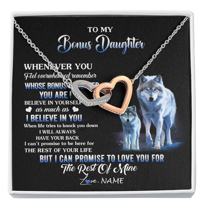 Interlocking Hearts Necklace Stainless Steel & Rose Gold Finish | 1 | Personalized To My Bonus Daughter Necklace From Stepdad Mom Whenever You Feel Wolf Birthday Gifts Jewelry Graduation Christmas Customized Gift Box Message Card | siriusteestore