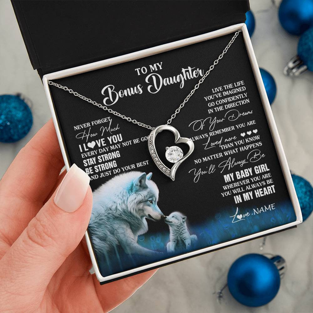 Forever Love Necklace 14K White Gold Finish | 2 | Personalized To My Bonus Daughter Necklace From Stepdad Mom Wolf Never Forget How Much I Love You Birthday Gifts Christmas Customized Gift Box Message Card | siriusteestore