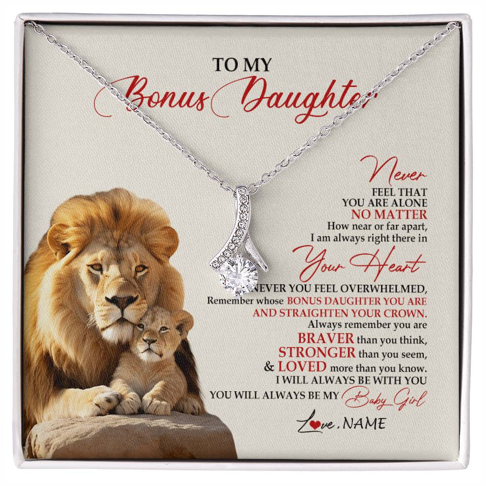 Alluring Beauty Necklace 14K White Gold Finish | 1 | Personalized To My Bonus Daughter Necklace From Stepdad Never Feel You Are Alone Lion Stepdaughter Birthday Christmas Customized Gift Box Message Card | siriusteestore