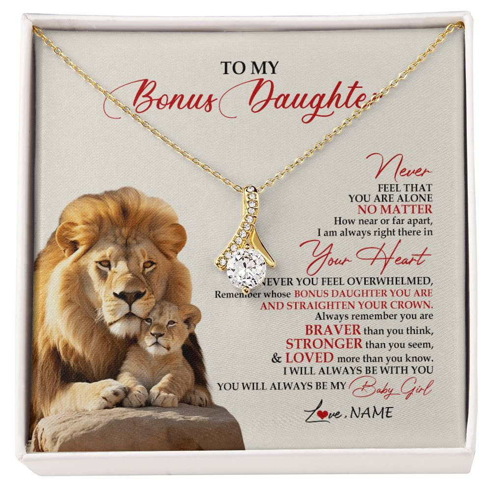 Alluring Beauty Necklace 18K Yellow Gold Finish | 1 | Personalized To My Bonus Daughter Necklace From Stepdad Never Feel You Are Alone Lion Stepdaughter Birthday Christmas Customized Gift Box Message Card | siriusteestore