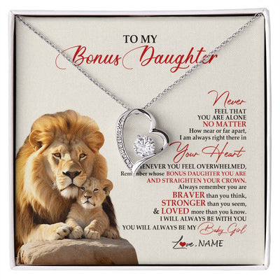 Forever Love Necklace 14K White Gold Finish | 1 | Personalized To My Bonus Daughter Necklace From Stepdad Never Feel You Are Alone Lion Stepdaughter Birthday Christmas Customized Gift Box Message Card | siriusteestore