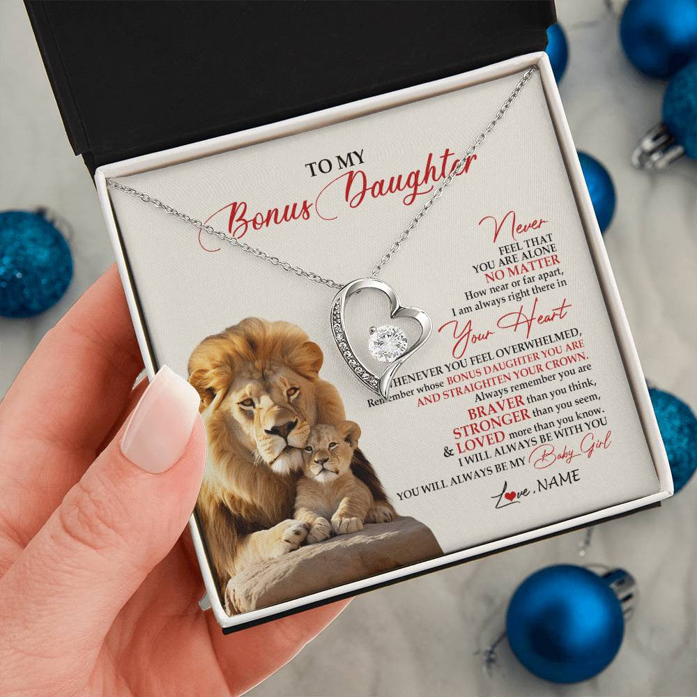 Forever Love Necklace 14K White Gold Finish | 2 | Personalized To My Bonus Daughter Necklace From Stepdad Never Feel You Are Alone Lion Stepdaughter Birthday Christmas Customized Gift Box Message Card | siriusteestore