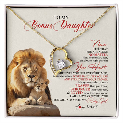 Forever Love Necklace 18K Yellow Gold Finish | 1 | Personalized To My Bonus Daughter Necklace From Stepdad Never Feel You Are Alone Lion Stepdaughter Birthday Christmas Customized Gift Box Message Card | siriusteestore