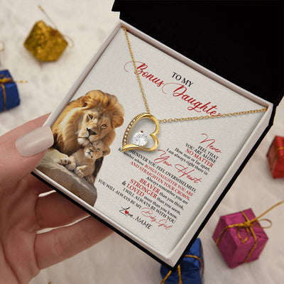 Forever Love Necklace 18K Yellow Gold Finish | 2 | Personalized To My Bonus Daughter Necklace From Stepdad Never Feel You Are Alone Lion Stepdaughter Birthday Christmas Customized Gift Box Message Card | siriusteestore