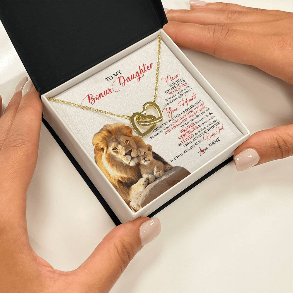 Interlocking Hearts Necklace 18K Yellow Gold Finish | 2 | Personalized To My Bonus Daughter Necklace From Stepdad Never Feel You Are Alone Lion Stepdaughter Birthday Christmas Customized Gift Box Message Card | siriusteestore