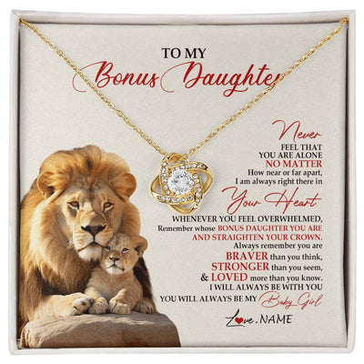 Love Knot Necklace 18K Yellow Gold Finish | 1 | Personalized To My Bonus Daughter Necklace From Stepdad Never Feel You Are Alone Lion Stepdaughter Birthday Christmas Customized Gift Box Message Card | siriusteestore