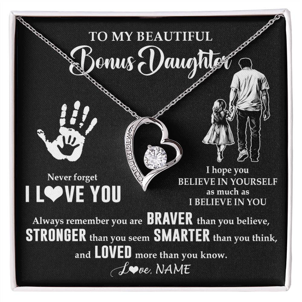 Forever Love Necklace 14K White Gold Finish | 1 | Personalized To My Bonus Daughter Necklace From Stepdad Never Forget I Love You Stepdaughter Birthday Christmas Graduation Customized Gift Box Message Card | siriusteestore