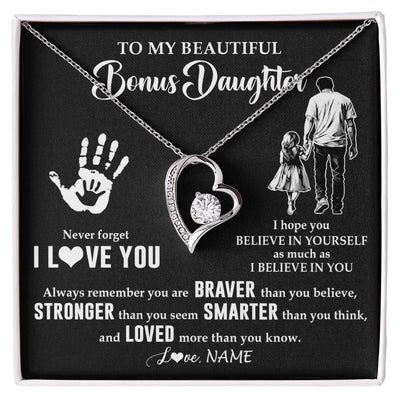 Forever Love Necklace 14K White Gold Finish | 1 | Personalized To My Bonus Daughter Necklace From Stepdad Never Forget I Love You Stepdaughter Birthday Christmas Graduation Customized Gift Box Message Card | siriusteestore