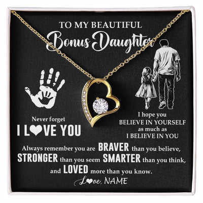 Forever Love Necklace 18K Yellow Gold Finish | 1 | Personalized To My Bonus Daughter Necklace From Stepdad Never Forget I Love You Stepdaughter Birthday Christmas Graduation Customized Gift Box Message Card | siriusteestore