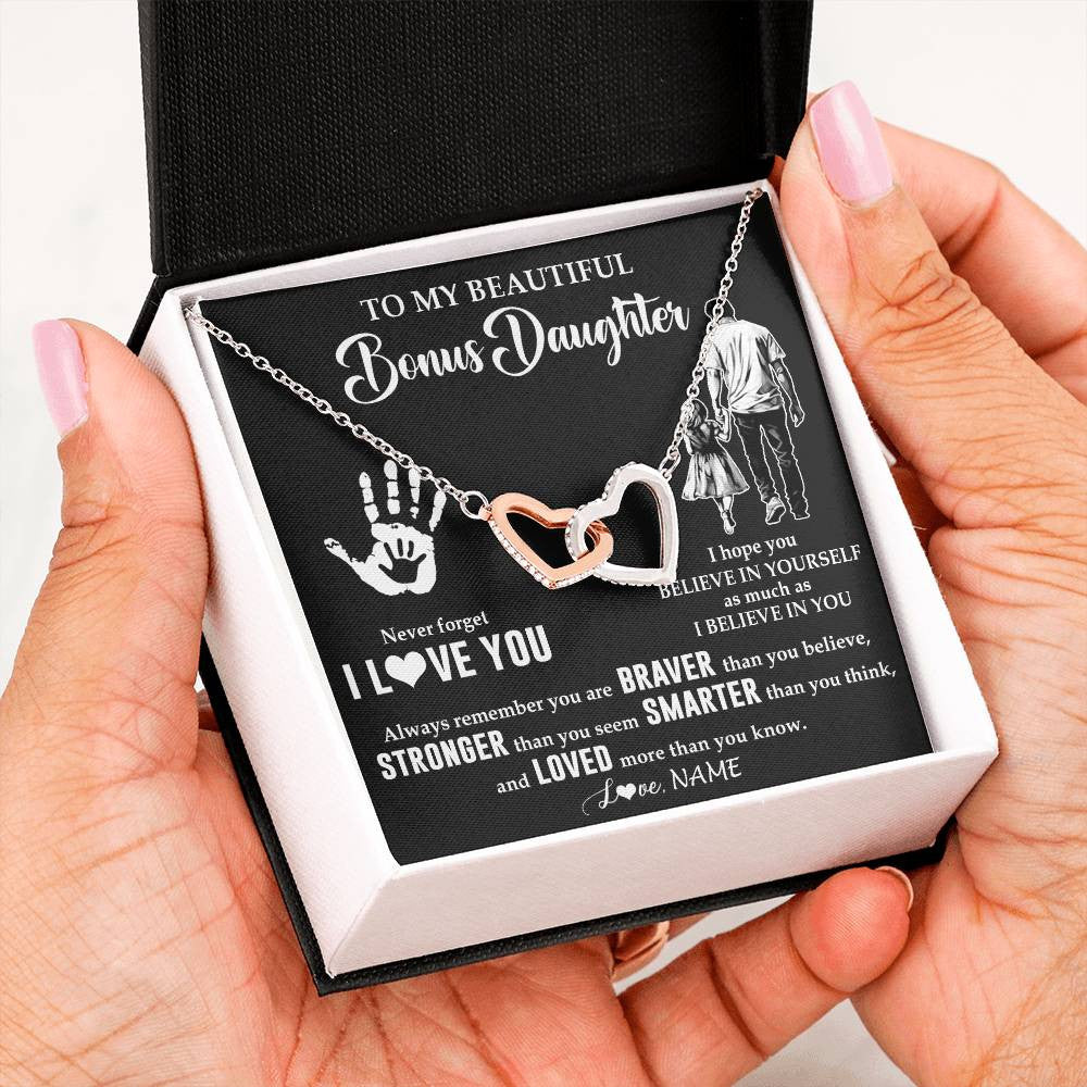 Interlocking Hearts Necklace Stainless Steel & Rose Gold Finish | 2 | Personalized To My Bonus Daughter Necklace From Stepdad Never Forget I Love You Stepdaughter Birthday Christmas Graduation Customized Gift Box Message Card | siriusteestore