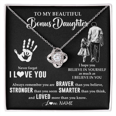 Love Knot Necklace 14K White Gold Finish | 1 | Personalized To My Bonus Daughter Necklace From Stepdad Never Forget I Love You Stepdaughter Birthday Christmas Graduation Customized Gift Box Message Card | siriusteestore