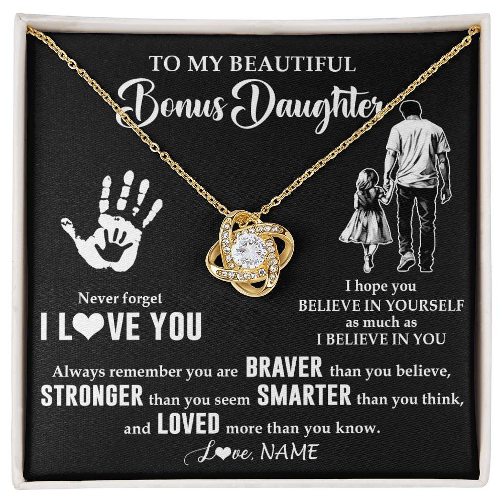 Love Knot Necklace 18K Yellow Gold Finish | 1 | Personalized To My Bonus Daughter Necklace From Stepdad Never Forget I Love You Stepdaughter Birthday Christmas Graduation Customized Gift Box Message Card | siriusteestore