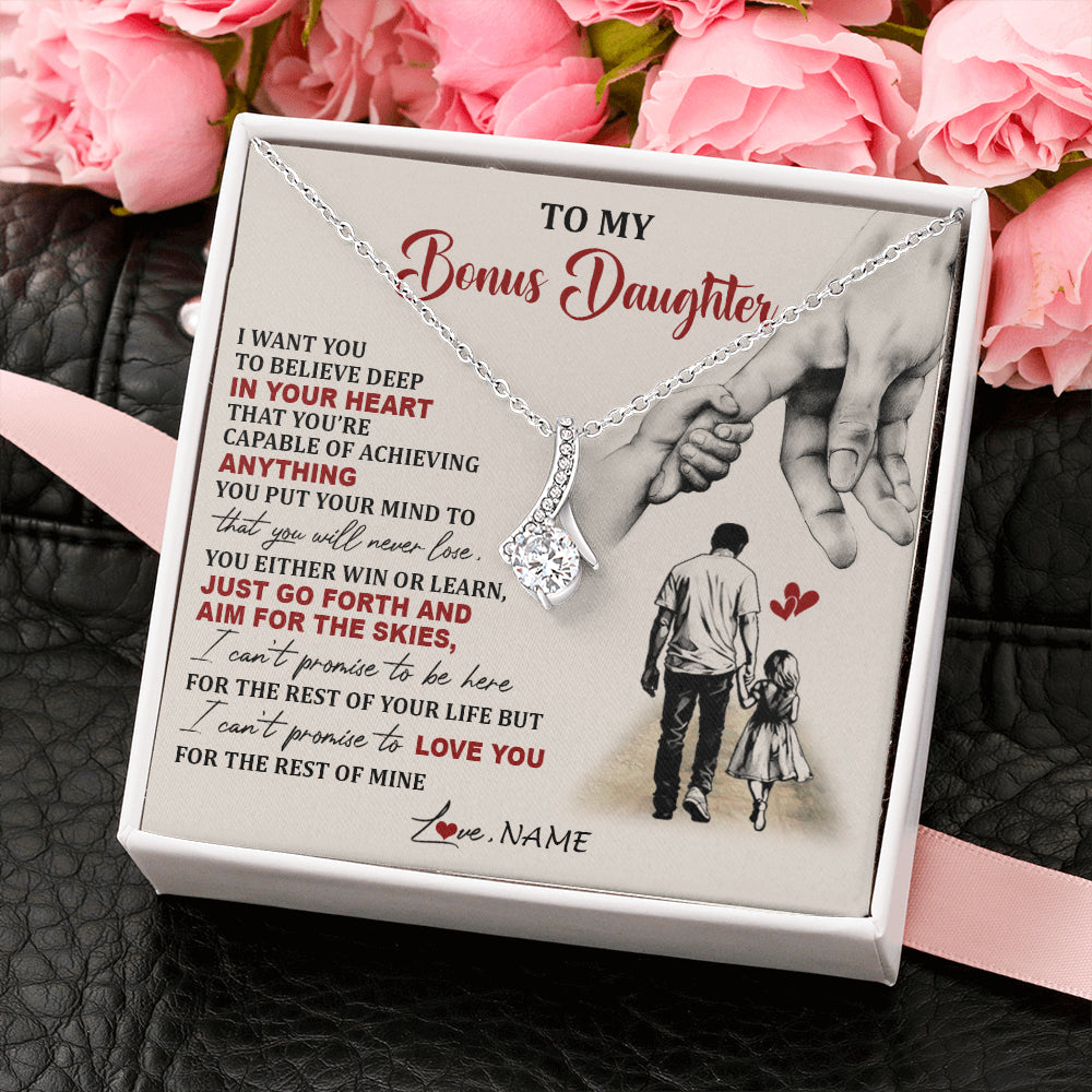 Alluring Beauty Necklace 14K White Gold Finish | 2 | Personalized To My Bonus Daughter Necklace From Stepdad Promise To Love You Stepddaughter Birthday Valentines Day Christmas Customized Gift Box Message Card | siriusteestore