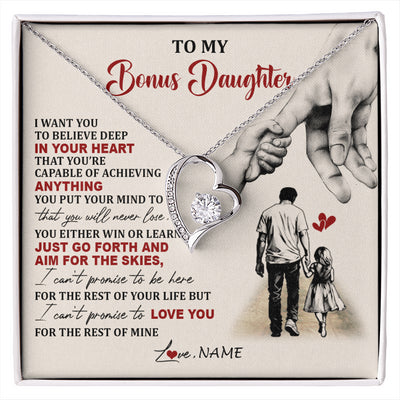 Forever Love Necklace 14K White Gold Finish | 1 | Personalized To My Bonus Daughter Necklace From Stepdad Promise To Love You Stepddaughter Birthday Valentines Day Christmas Customized Gift Box Message Card | siriusteestore