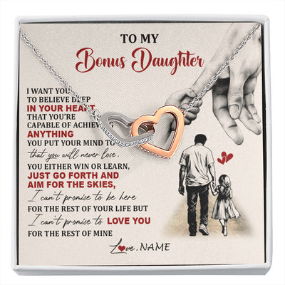 Interlocking Hearts Necklace Stainless Steel & Rose Gold Finish | 1 | Personalized To My Bonus Daughter Necklace From Stepdad Promise To Love You Stepddaughter Birthday Valentines Day Christmas Customized Gift Box Message Card | siriusteestore