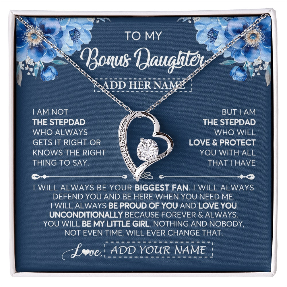 Forever Love Necklace 14K White Gold Finish | 1 | Personalized To My Bonus Daughter Necklace From Stepdad Proud Of You Birthday Gifts For Stepdaughter Jewelry Gifts Christmas Custom Gift Box Message Card | https://siriusteestore.