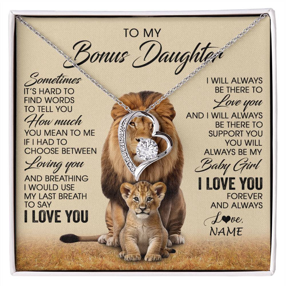 Forever Love Necklace 14K White Gold Finish | 1 | Personalized To My Bonus Daughter Necklace From Stepdad Sometimes It's Hard Lion Stepdaughter Gift Birthday Jewelry Christmas Customized Gift Box Message Card | siriusteestore