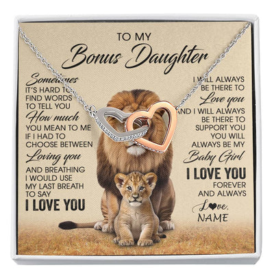 Interlocking Hearts Necklace Stainless Steel & Rose Gold Finish | 1 | Personalized To My Bonus Daughter Necklace From Stepdad Sometimes It's Hard Lion Stepdaughter Gift Birthday Jewelry Christmas Customized Gift Box Message Card | siriusteestore