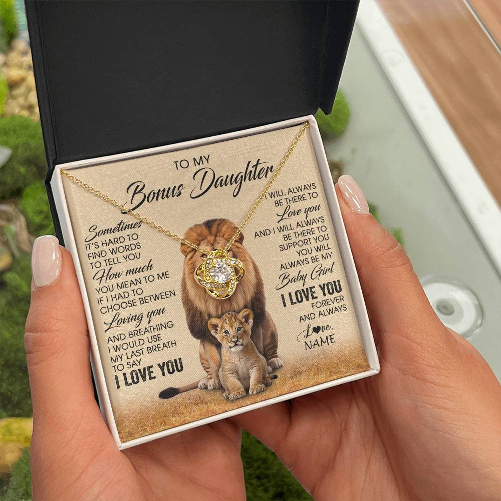 Love Knot Necklace 18K Yellow Gold Finish | 2 | Personalized To My Bonus Daughter Necklace From Stepdad Sometimes It's Hard Lion Stepdaughter Gift Birthday Jewelry Christmas Customized Gift Box Message Card | siriusteestore