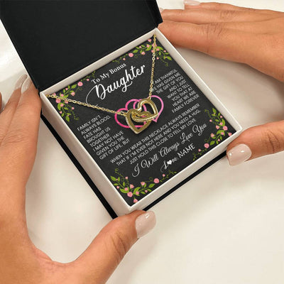 Interlocking Hearts Necklace 18K Yellow Gold Finish | 2 | Personalized To My Bonus Daughter Necklace From Stepdad Stepmom Family Unbiological Step Daughter Birthday Gifts Christmas Customized Gift Box Message Card | siriusteestore