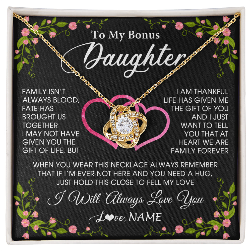 Love Knot Necklace 18K Yellow Gold Finish | 1 | Personalized To My Bonus Daughter Necklace From Stepdad Stepmom Family Unbiological Step Daughter Birthday Gifts Christmas Customized Gift Box Message Card | siriusteestore