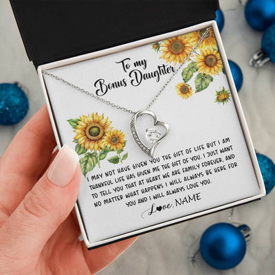 Forever Love Necklace 14K White Gold Finish | 2 | Personalized To My Bonus Daughter Necklace From Stepdad Stepmom Sunflower Unbiological Daughter Stepdaughter On Her Birthday Gifts Christmas Message Card | siriusteestore