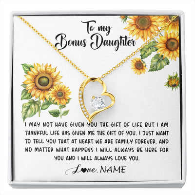 Forever Love Necklace 18K Yellow Gold Finish | 1 | Personalized To My Bonus Daughter Necklace From Stepdad Stepmom Sunflower Unbiological Daughter Stepdaughter On Her Birthday Gifts Christmas Message Card | siriusteestore